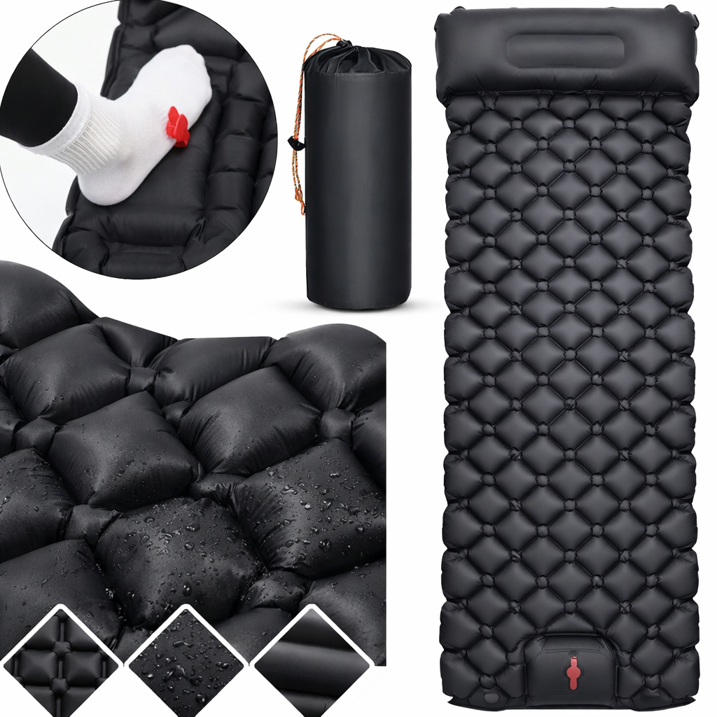 Туристический надувной матрас с подушкой и встроенным насосом, черный нейлон, 190х60х5 см