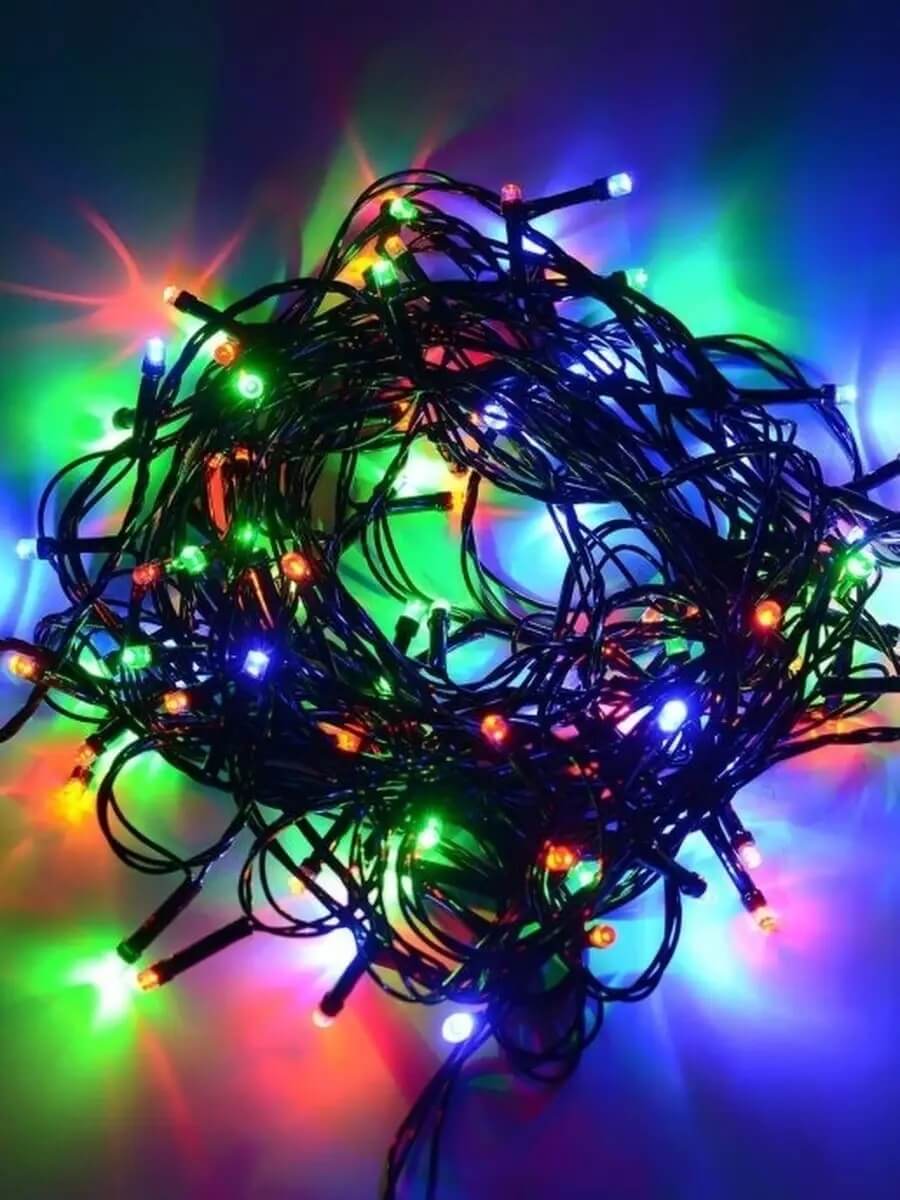 Светодиодная гирлянда нить 25 метров, разноцветная, от сети, 300 ламп, черный провод